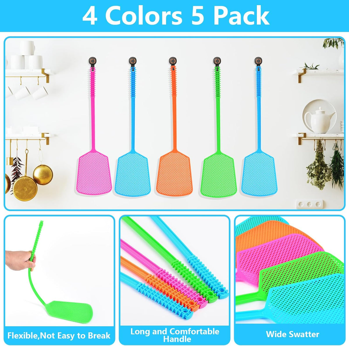 Fly Swatter,5 Pack Plastic Heavy Duty Manual Fly Killer, Long Handle Flyswatter, Large Bug Swatters That Work for Indoor and Outdoor