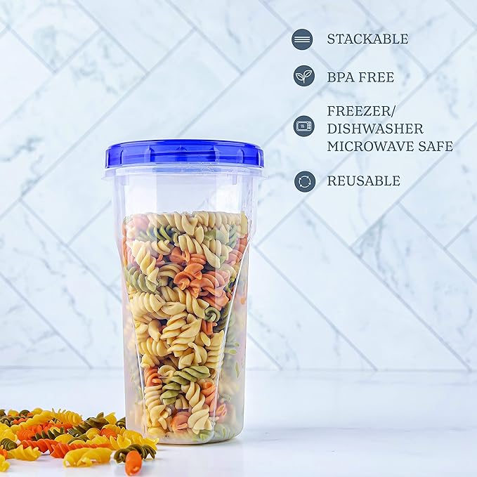 PLASTICPRO [48 oz 8 Pack] Twist Top Deli Containers Clear bottom With blue Top Twist on Lids Reusable, Stackable, Food Storage Freezer Container Pack of 8