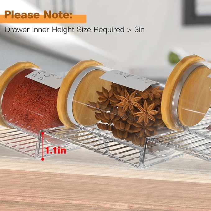 Spice Drawer Organizer, 4 Tier Clear Acrylic Drawer Seasoning Organizer Rack, Kitchen Seasoning Jars Drawers Insert, Expandable 11" to 22" Spice Rack Tray for Cabinet/Countertop (Jars Not Included)