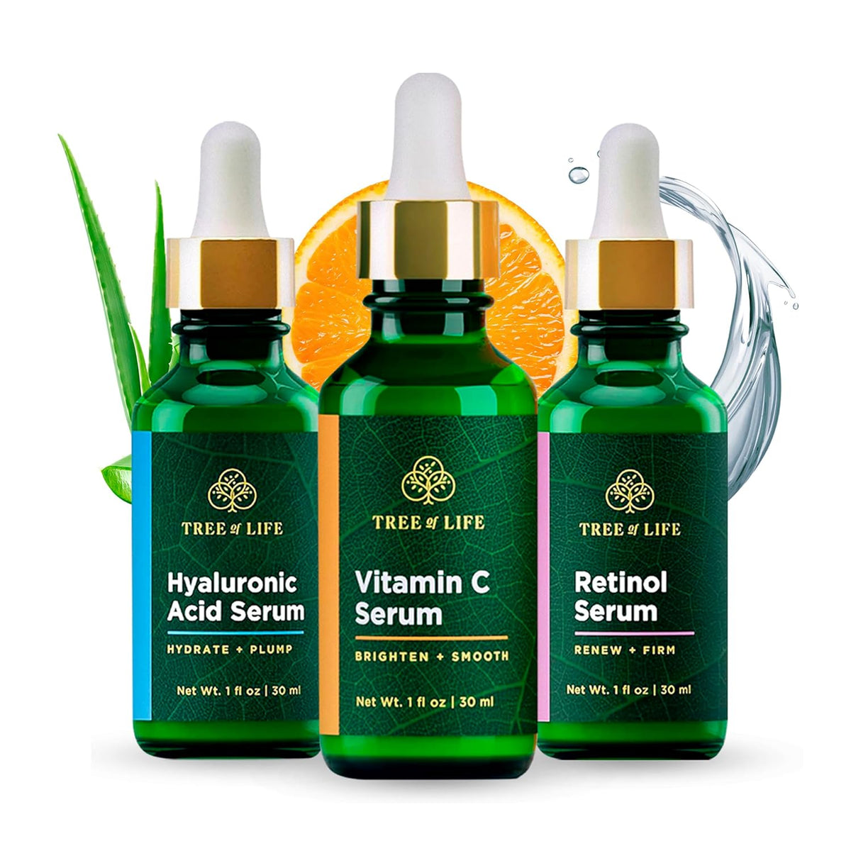 Tree of Life Beauty Facial Skin Care Set, Brightening, Firming, Hydrating, Dry Face, Dermatologist Tested - Trio Power Kit, Vitamin C, Retinol and Hyaluronic Acid, 3 count of 1 Fl Oz