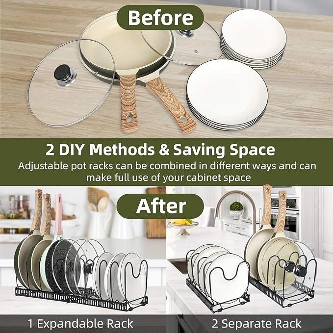 ROOHUA Pot Rack -Expandable Pan Organizer for Cabinet, Lid Holder with 10 Adjustable Compartment for Kitchen Cabinet Cookware Baking Frying Rack