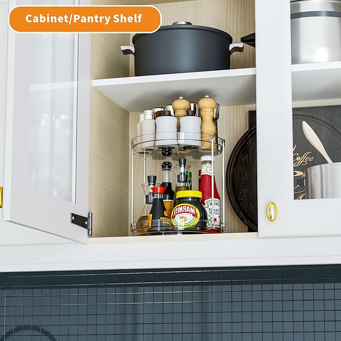 2 Tier Lazy Susan Turntable for Cabinet,Countertop,Pantry,9.5"W Spinning Seasoning Organizer,Double Rotating Kitchen Spice Rack Organizer and Condiments,Medicine,Vitamin Bottle Organizer Carousels,1Pc
