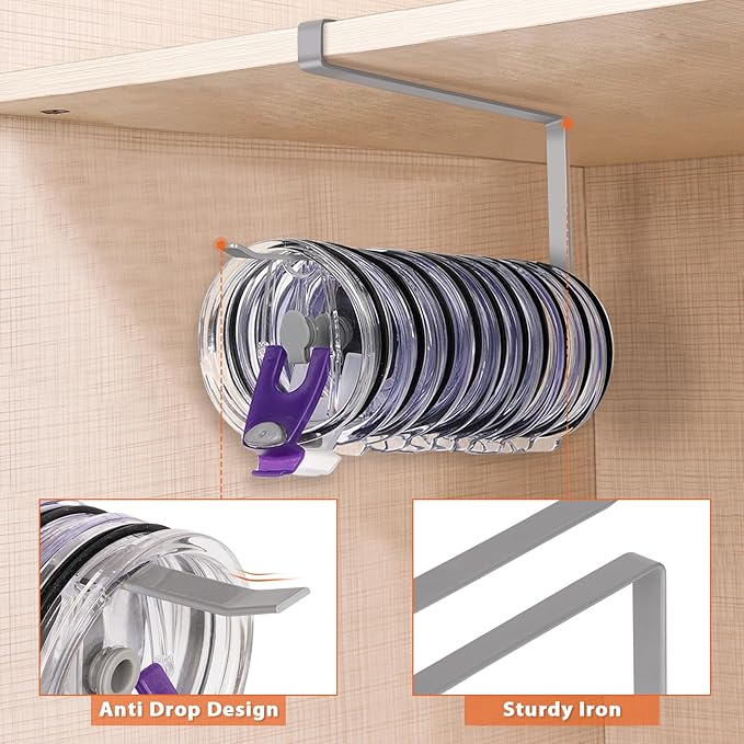 2 Pack Tumbler Lid Organizer, Horizontal Tumbler Lid Storage Hook to Hold Up 20 Lids, Space Saving Cup Lid Holders Under Cabinet Tumbler Lid Hook for Kitchen Organizer, Paper Towel Rack Hanger (Gray)