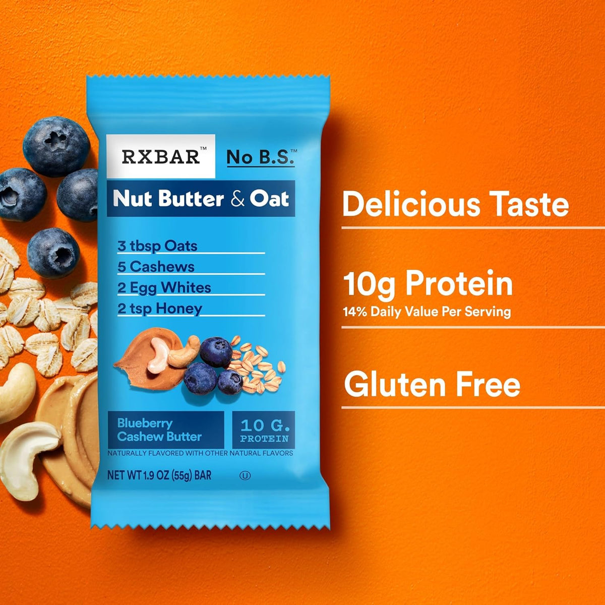 RXBAR Nut Butter and Oat Protein Bars, Protein Snacks, Snack Bars, Blueberry Cashew Butter, 23.2oz Box (12 Count)