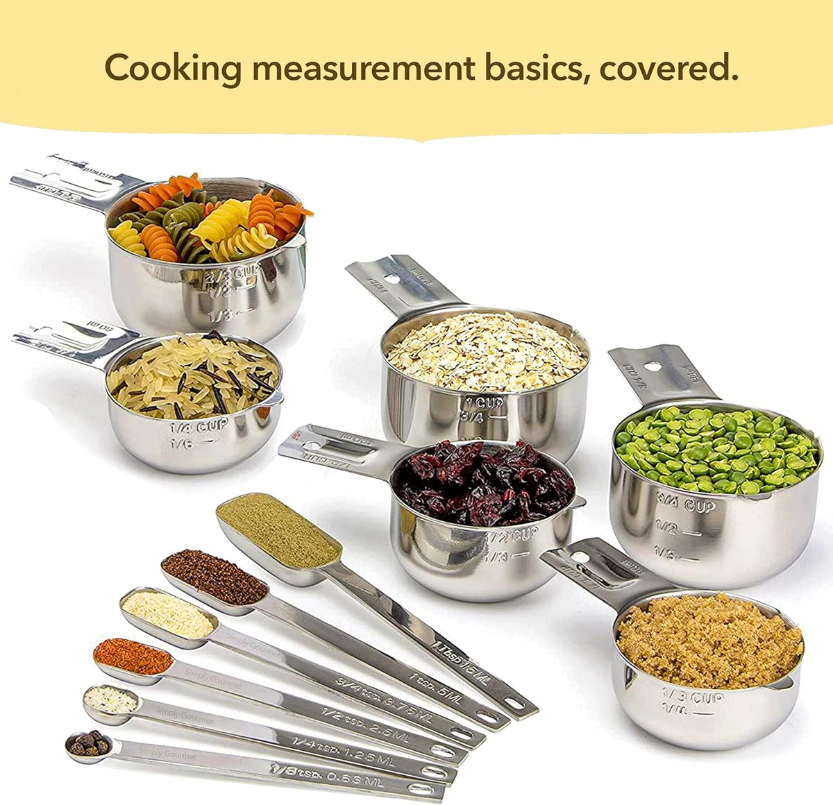 Simply Gourmet Measuring Cups and Spoons Set of 12 – 18/10 Stainless Steel Kitchen Gadgets – Stackable Design with Long Handle Spoons – Fits in Jars – Cooking & Baking Measuring Set for Dry & Liquid