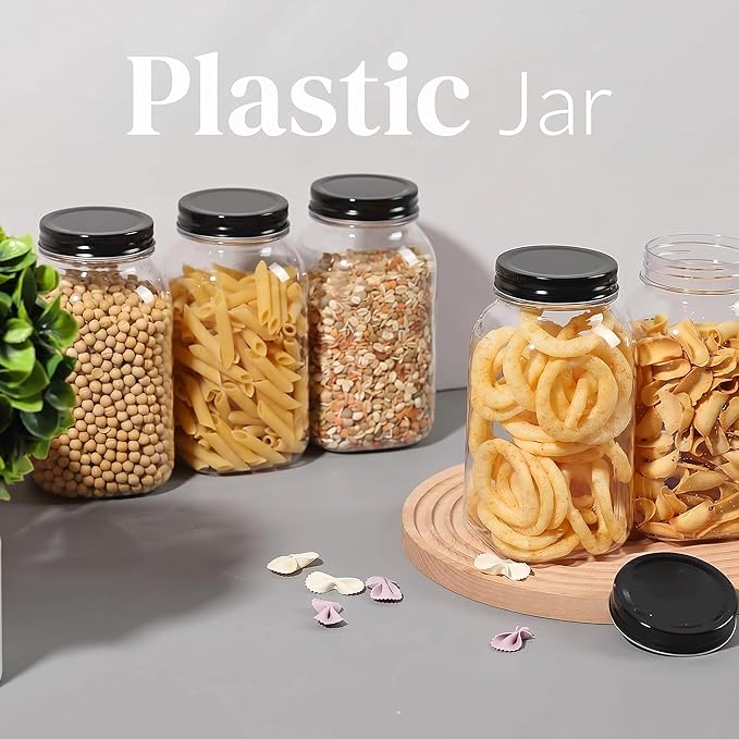 novelinks 32 oz Mason Jars with Plastic Lids, 12 Pack Large Plastic Salad Jars with Lids 32oz, Reusable Spice Containers & Kitchen Jars for Pantry Organization (12 Pack,Black)