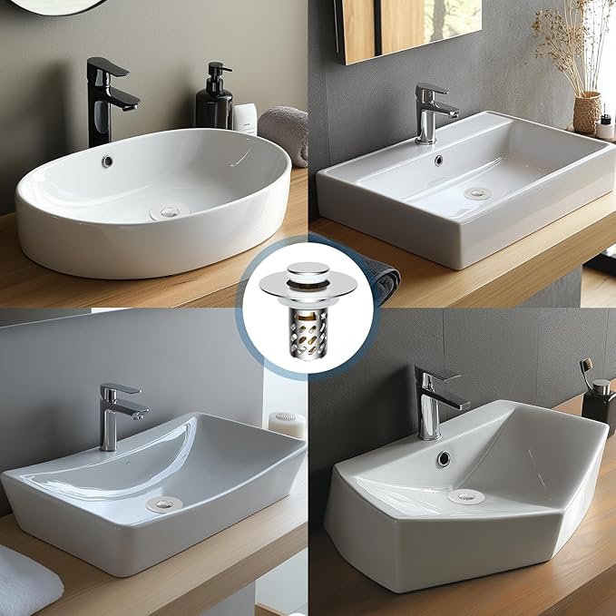 iFealClear 3 Pack All Metal Bathroom Sink Stopper, Pop Up Sink Drain Strainer with Removable Stainless Steel Filter Basket, Universal for 1.1"-2.36" Sink, Brass Bounce Core, Hair Catcher, Chrome
