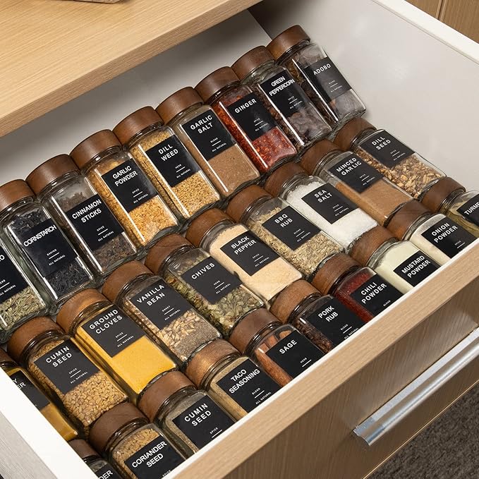 Yangbaga Glass Spice Jars with Labels: 14pc 4oz Square Seasoning Storage Containers with Airtight Wood lid,Pepper Grinder,Funnel; Empty Spice Organizer Bottles for Kitchen Rack Drawer Cabinet
