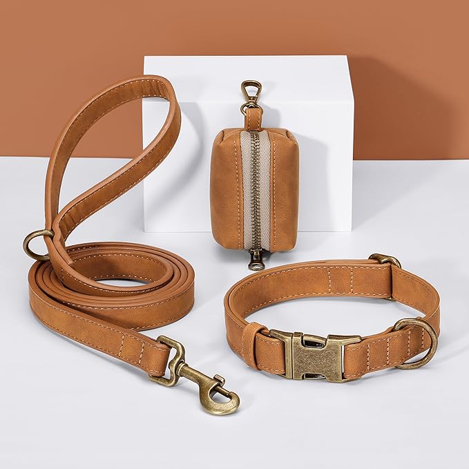 Didog Soft PU Leather Dog Collar, Stylish Quick Released Dog Collar for Large Dogs, Easy Clean Adjustable Pet Collar for Daily Walking, Light Brown, L Fit 15-23" Neck