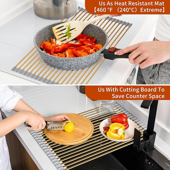 Golden Roll-UP Dish Drying Rack-Large Stainless Steel Dish Drainer Over The Sink for Kitchen Countertop, Applicable for Sink Width Less Than 16.5in (Gold,17.8'x 15.7')