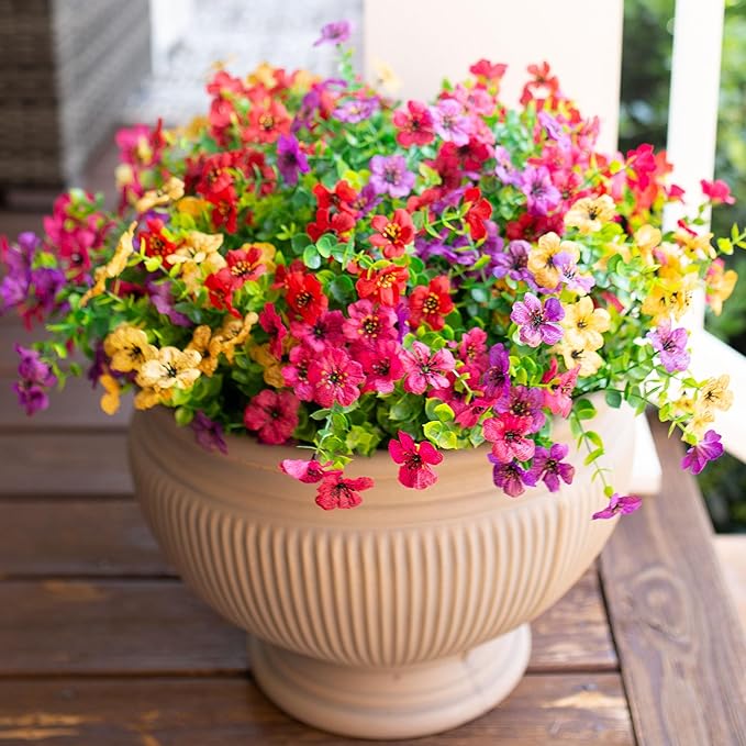 Artificial Flowers for Outdoor Indoor Garden Home Decoration, Faux Flower Daisy with Eucalyptus Leaves Fake Plants Greenery Boxwood Porch Patio, 12 Bundles (Mix Pink Red Purple Yellow)