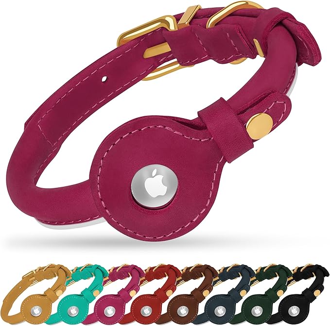 OOPSDOGGY Rolled Leather Dog Collar with Airtag Holder - Reflective Round Airtag Dog Collar - Soft Tracking Pet Collar for Small Dogs Puppy Cats Kitten (Pink, S, 10"-13")