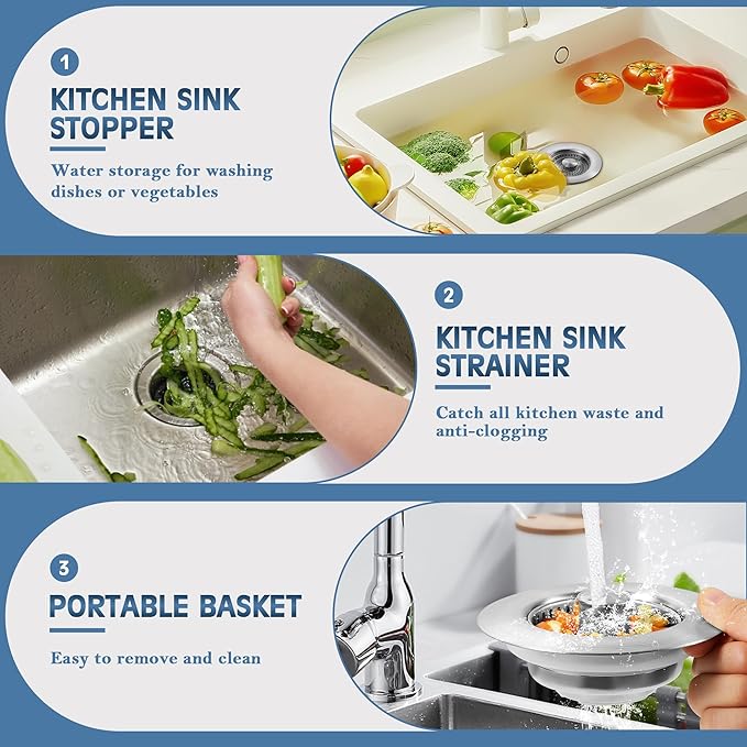 Sink Drain Strainer 3 in 1, 304 Stainless Steel Pop Up Kitchen Sink Stopper with Anti-Clogging Basket, Kitchen Essential Drain Anti-Clog Gadgets, Fits US Standard 3-1/2'' Sink Drain (SUS 304 Brushed)