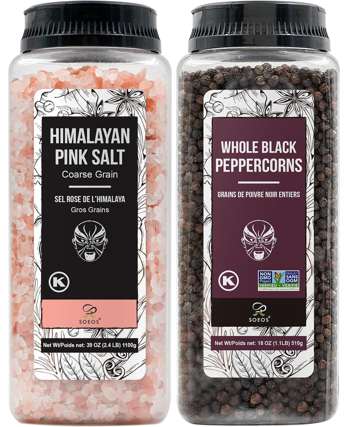 Soeos Himalayan Pink Salt 39 oz + Whole Black Peppercorns 18 oz, Coarse Grain, Kosher Salt for Grinder Refill, Salt and Pepper Grinder, Non-GMO Verified, Spice Seasoning Set for Cooking