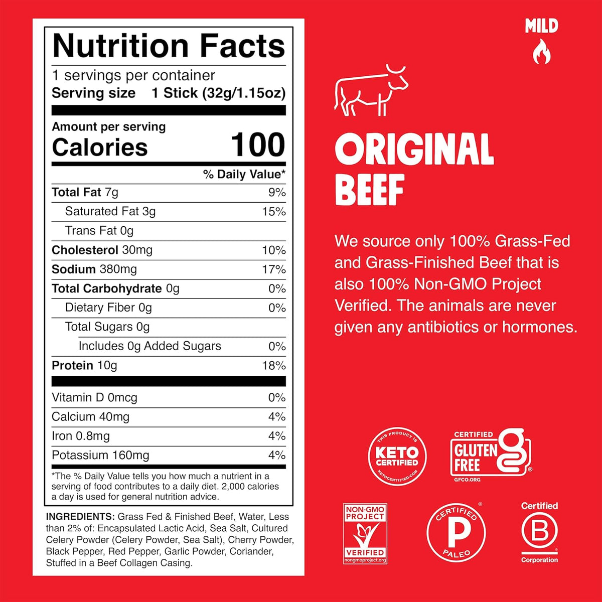 Chomps Grass-Fed and Finished Original Beef Jerky Snack Sticks 10-Pack - Keto, Paleo, Whole30, 10g Lean Meat Protein, Gluten-Free, Zero Sugar Food, Non-GMO
