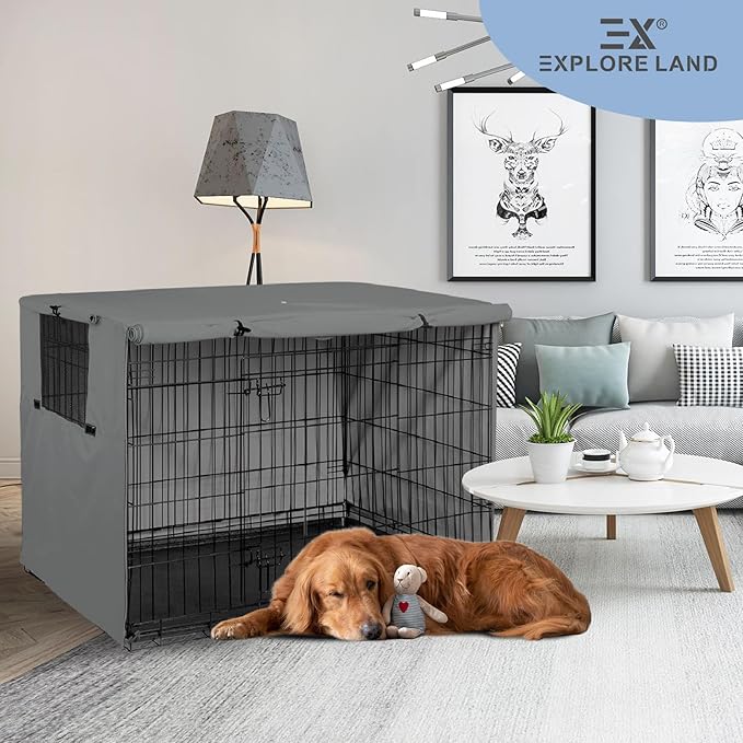Explore Land Dog Crate Cover Heavy Duty Polyester Pet Kennel Sunshade Universal Fit for 36 inches Wire Cage (Grey)