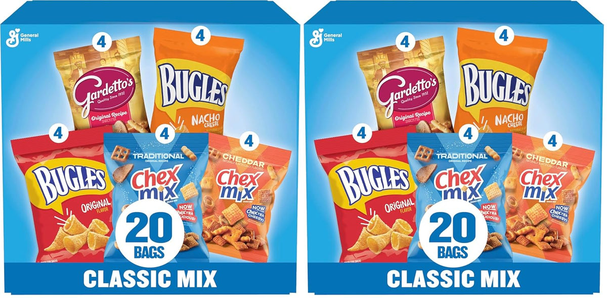 Classic Mix Snack Variety Pack, Bugles Original and Nacho Cheese, Gardetto's Original Recipe, Chex Mix Traditional and Cheddar, 20 Ct, 28 oz