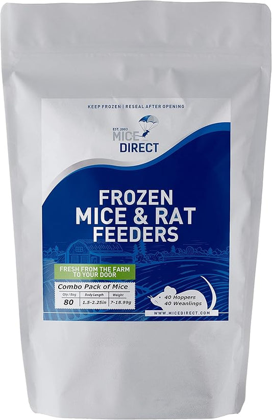 MiceDirect 80 Frozen Mice Combo Pack of 40 Hoppers and 40 Weanling Feeders Snake Food for Mice for Juvenile Ball Python Adult Milk Corn Snakes (1.5-2.5 in)(Pack of 80)(800 Grams Min)