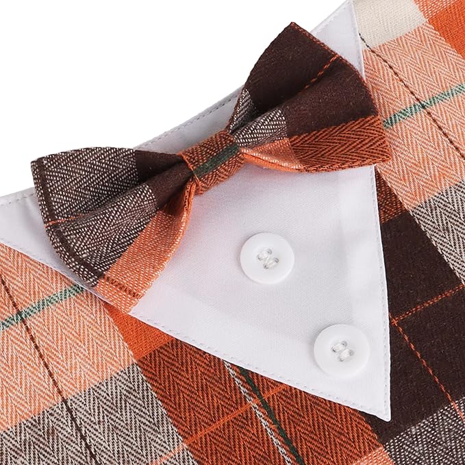 ADOGGYGO Fall Dog Tuxedo Bandana, Orange Plaid Pet Fall Collar with Bowtie, Adjustable Halloween Thanksgiving Costume for Small Dogs (S)