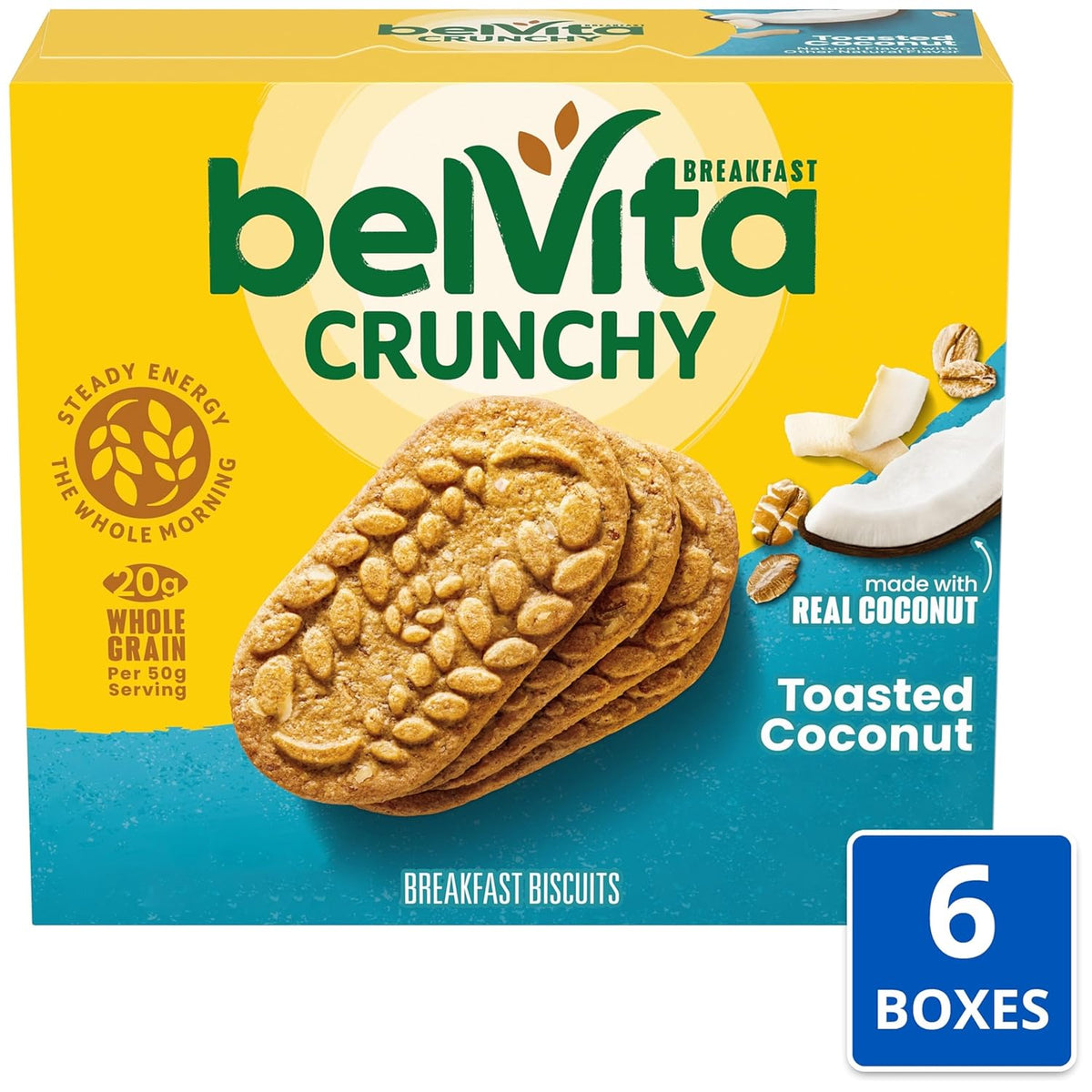 belVita Breakfast Bars Biscuits, Toasted Coconut, 30 Total Packs, 6 Boxes (4 Biscuits Per Pack)