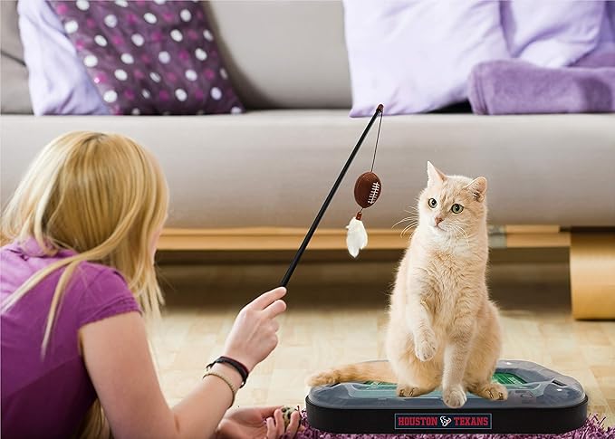 Pets First Catnip Toy HOUSTON TEXANS FOOTBALL FIELD CAT SCRATCHER TOY with CATNIP Filled Plush FOOTBALL Toy & Feather Cat Toy hanging, with Jingle Bell INTERACTIVE BALL Cat Chasing 5-in-1 KITTY Toy