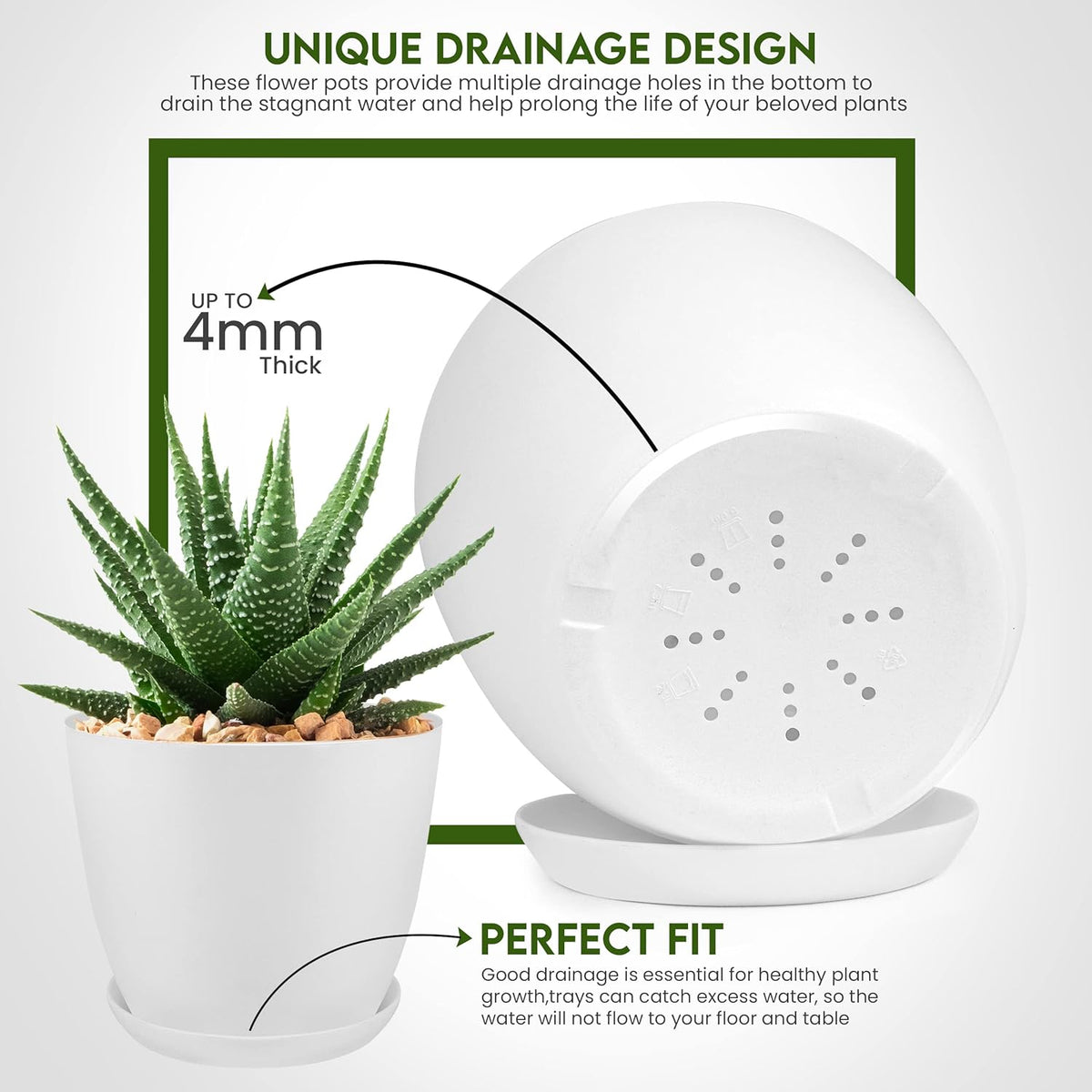 Utopia Home Plant Pots Indoor with Drainage Holes – Set of 5 White Plastic Flower Pots (7/6.6/6/5.3/4.8 Inch) – Modern Planters for Indoor Plants, Room & Office Décor, Great Stocking Stuffers