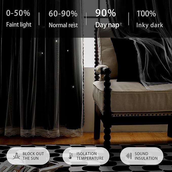 XiDi Black 63x34in Curtain for Bedroom, Girls Room Decor, Living Room, 1 Panel