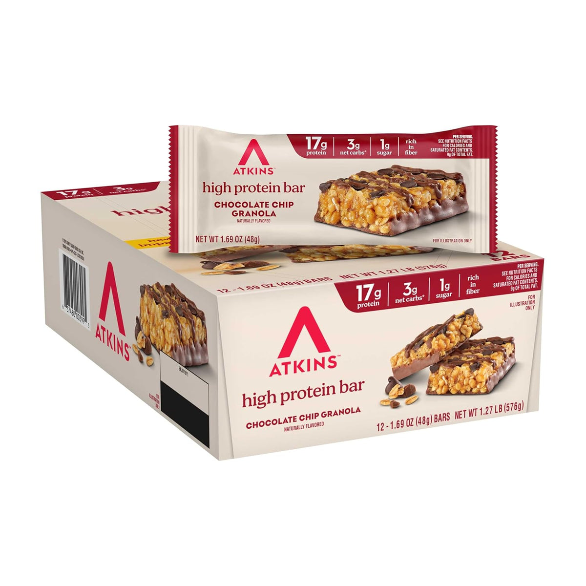 Atkins Chocolate Chip Granola Protein Bar, High Fiber, Low Sugar, 17g Protein, 3g Net Carb, High Protein Bars, Keto Friendly, 12 Count