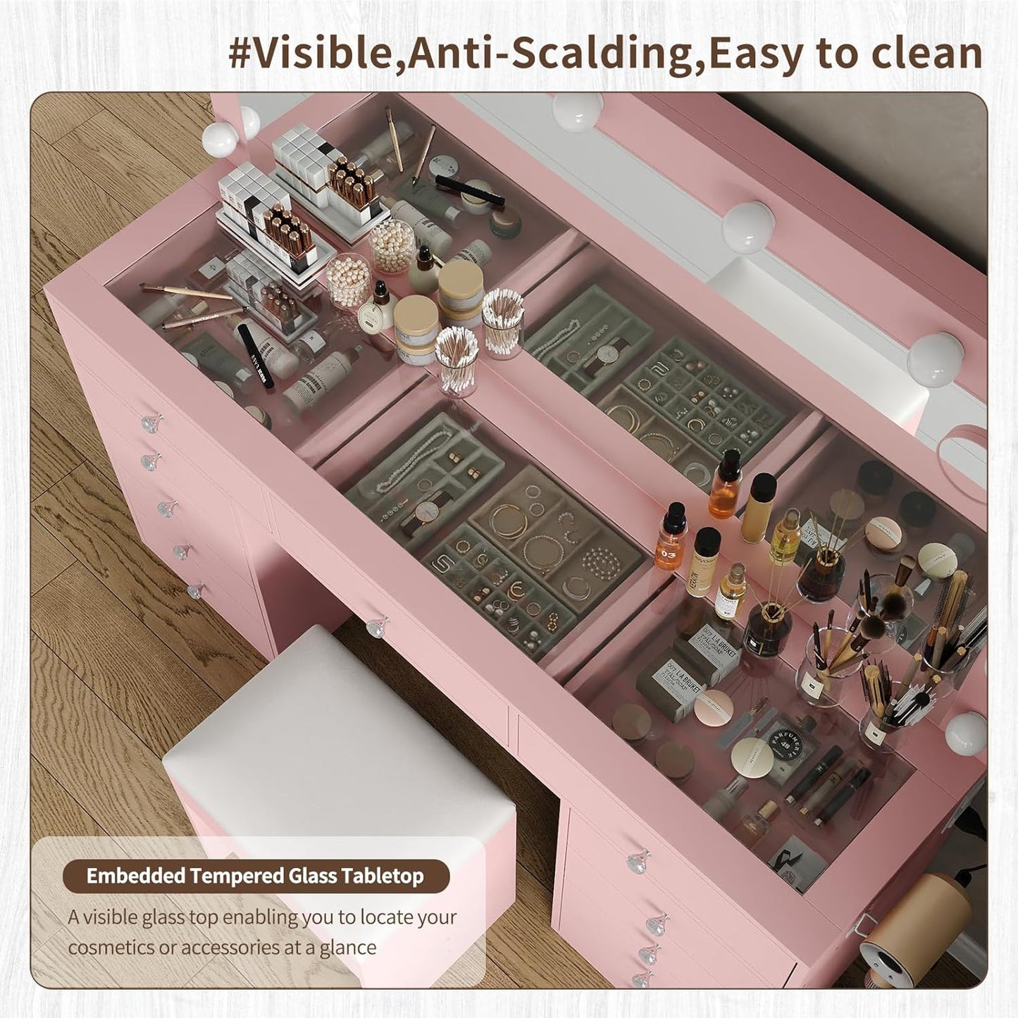 11 Drawers Makeup Vanity with Charging Station, Vanity Desk with 13 LED Bulbs and HD Mirror, 3 Color Brightness Adjustable, Glass Top Vanity Set for Bedroom, Pink