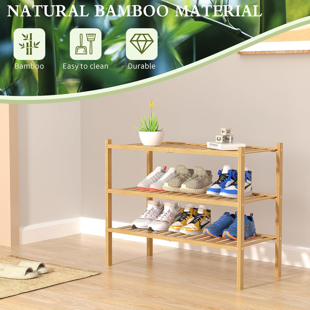 3 Tier Bamboo Shoe Rack for Closet Free Standing Wood Shoe Shelf Storage Organizer for Entryway Small Space Stackable 27"x11"x20" (Natural)
