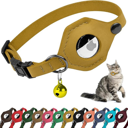 Breakaway Airtag Cat Collar with Removable Bell - Leather Pet Collar with Apple Air Tag Holder - Adjustable GPS Collars for Girl Boy Cats Kitten Puppy - Lightweight, Cute and Comfortable (Yellow)