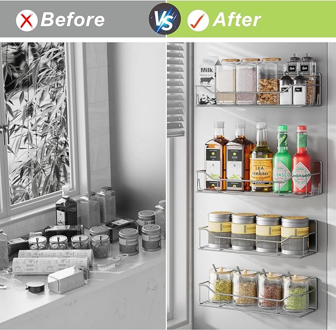 Magnetic Spice Rack for Refrigerator, 4 Pack Metal Strong Magnet Spice Organizer Shelves, Magnetic Fridge Shelf for Kitchen Seasoning Organizer Gadgets, Home Organization and Storage (Grey)