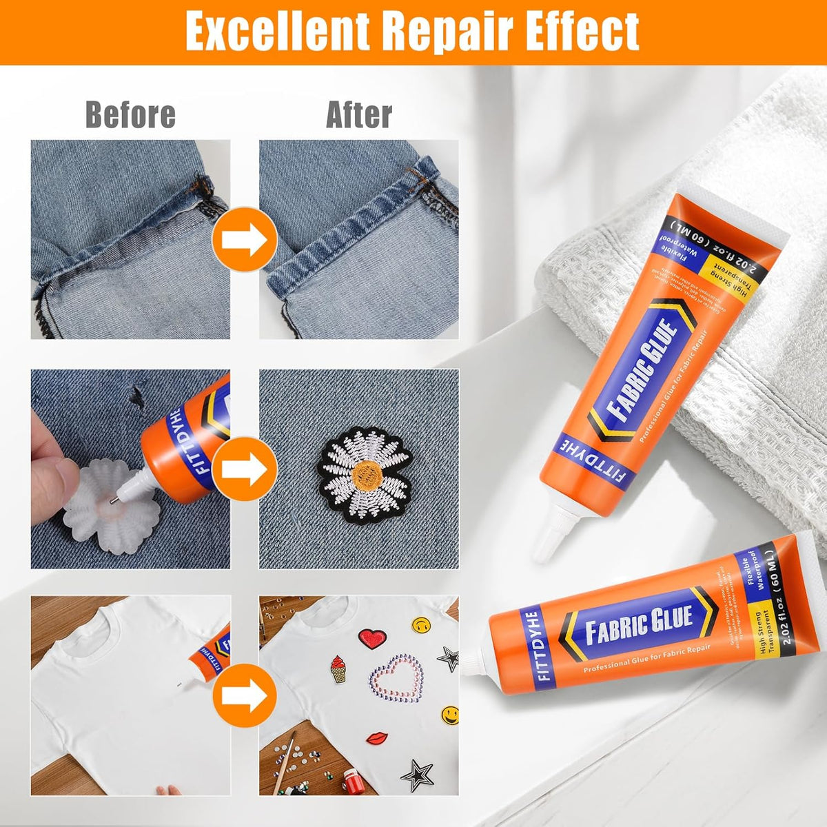 Fabric Glue Permanent, 60 ML Washable Clear Clothing Glue, Super Fabric Adhesive for Rhinestones, Patches, Clothes, Denim, Leather, Polyester, Fabrics, Doll Repair, Flannel, Cotton