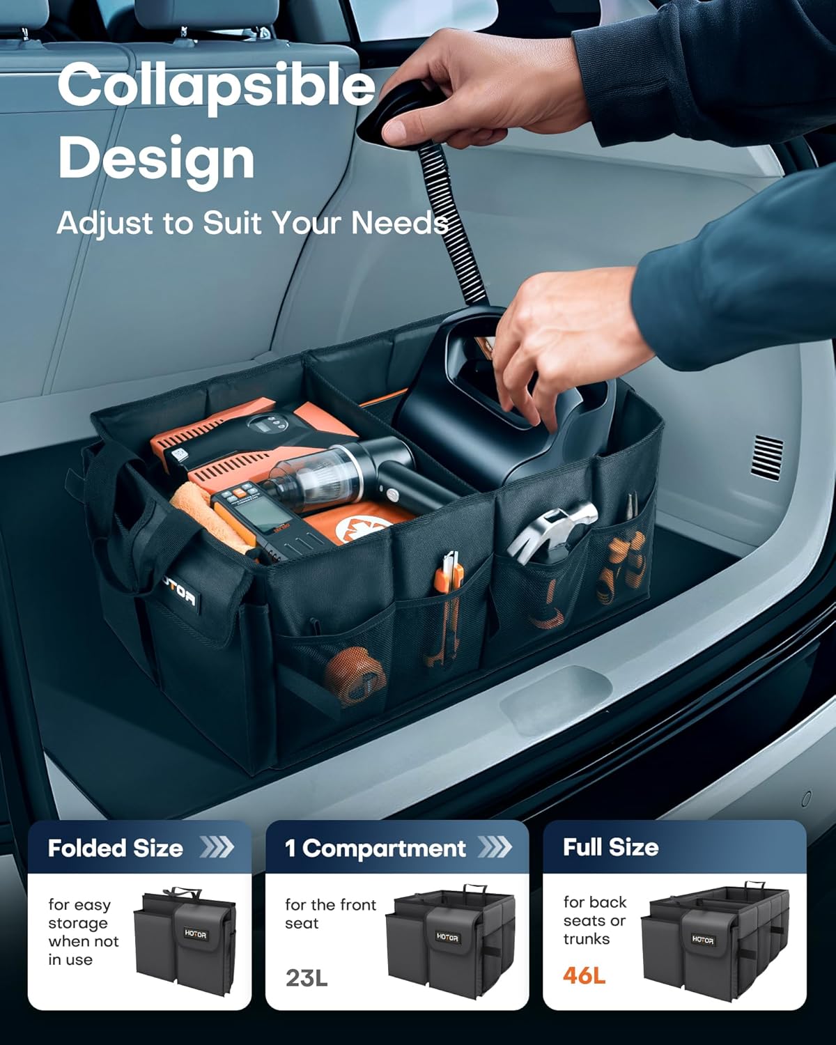 HOTOR Trunk Organizer - Car Organizer, Foldable Trunk organizer for SUVs & Sedans, Sturdy Car Organization for Car Accessories, Tools, Sundries, Black, 2 Compartments, 21.3"×12.6"×10.6"
