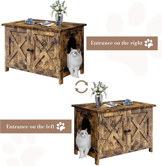 JY QAQA Cat Litter Box Enclosure,Litter Box Furniture Hidden with Barn Door,Wooden Cat Washroom Furniture,Cat House,Fit Most of Litter Box,Brown