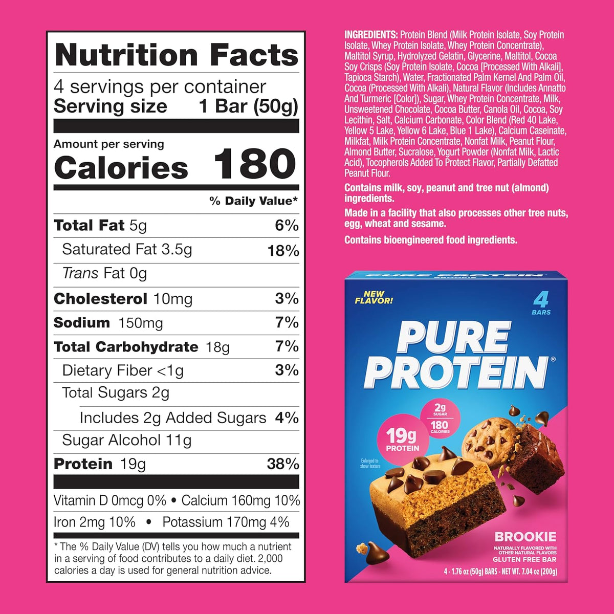 Pure Protein Bars, High Protein, Nutritious Snacks to Support Energy, Low Sugar, Gluten Free, Brookie, 1.76oz, Pack of 4