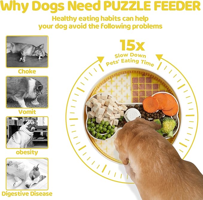 Slow Feeder Dog Bowl with Lick Mat and Puzzle Inserts - Non-Slip Base, Adjustable Speed Design, Dishwasher Safe for Large Dogs,Yellow