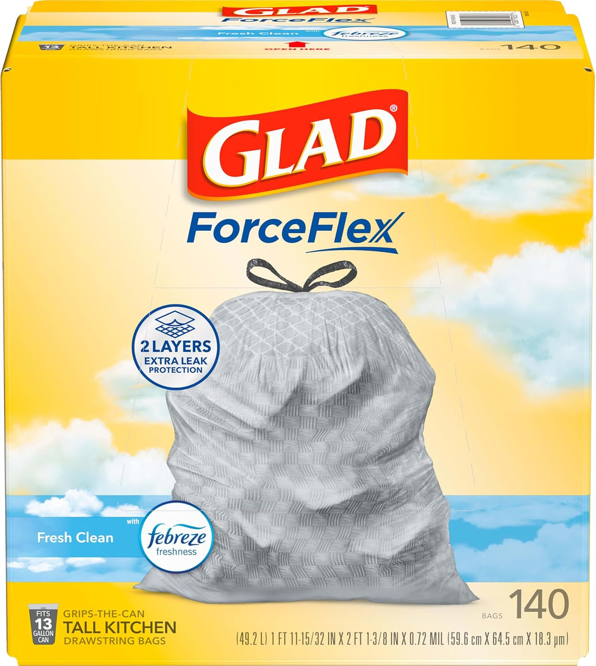 Glad ForceFlex Tall Kitchen Trash Bags, 13 Gallon, Fresh Clean, 140 Count (Package May Vary)