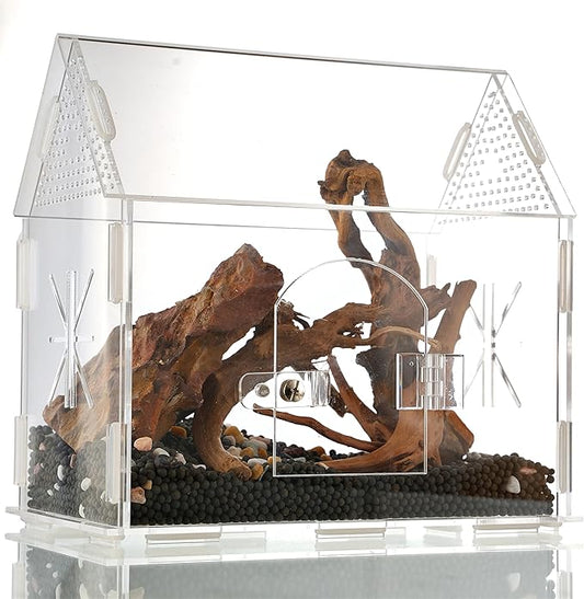 Jumping Spider Enclosure, Acrylic Terrarium for Praying Mantis, Small Tarantula Enclosure with Front Door, Versatile Reptile Habitat for Lizard, Snails, Gecko, Farmhouse Barn Shape 8.6"L*5.4"W*7.9"H
