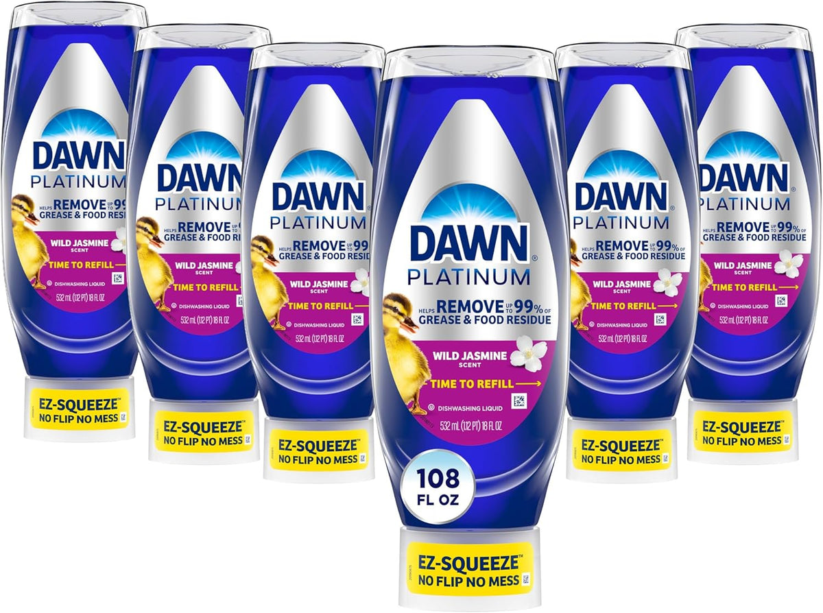 Dawn Platinum EZ-Squeeze Dish Soap Liquid, Dishwashing Liquid, Grease Removal, Upside Down Bottle, Wild Jasmine, 6x18 Fl Oz Bundle