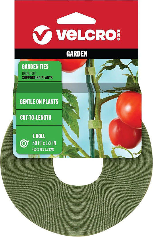 VELCRO Brand VEL-30071-USA ONE-WRAP Garden Ties | Plant Supports for Effective Growing | Strong Grips are Reusable and Adjustable | Cut-to-Length, 50 ft x 1/2 in, Green-Recycled Plastic