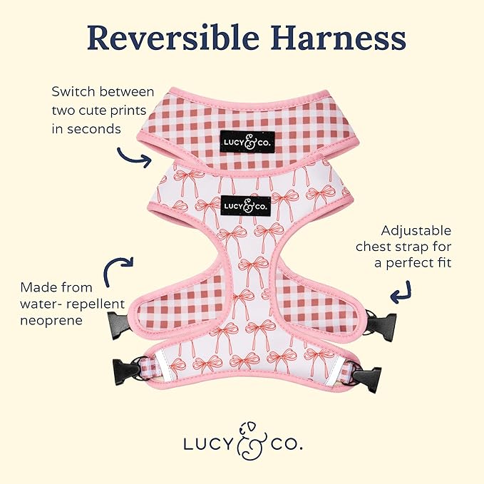 Lucy & Co. Cute Reversible Dog Harness Walking Halter - Best Designer Pet Harnesses for XS - XL Dogs - Padded Adjustable Vest for Easy Walking (Small, Ballet Bows - White & Pink Bows)