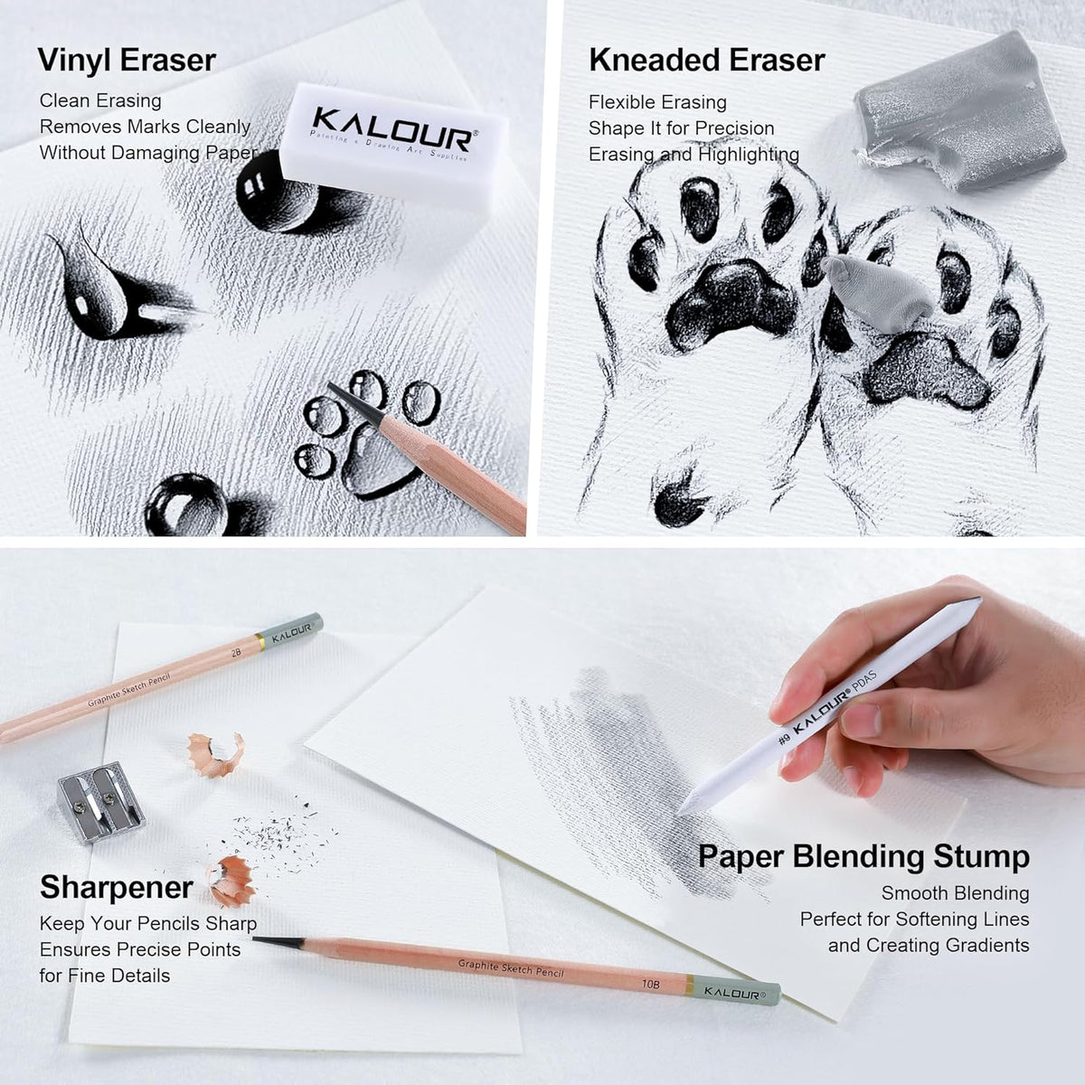 KALOUR 18-Piece Professional Sketch Pencil Set - Includes 5H to 14B Pencils, Vinyl Eraser, Kneaded Eraser,Sharpener and Paper Blending Stump - Ideal for Artists and Beginners
