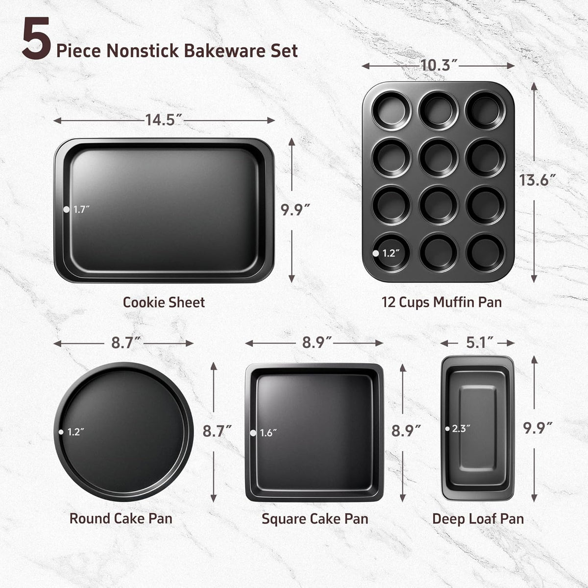 Baking Pans Set, 5-Piece Nonstick Bakeware Sets with Round/Square Cake Pan, Muffin Loaf Roast Pan, Baking Sheets for Oven, Kitchen Cookware Sets Baking Tray Baking Supplies, Black