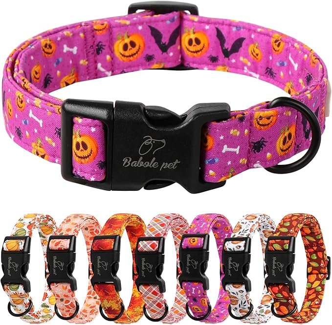 Halloween Dog Collar, Cute Pumpkin Bat Pattern Halloween Purple Puppy Collar, Soft Adjustable Cotton Dog Collars for Small Medium Large Boy&Girl Dogs S