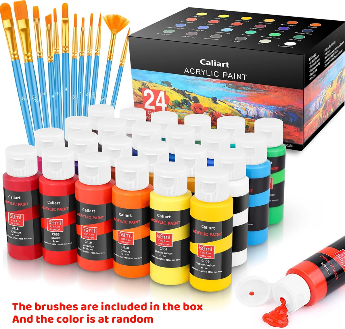 Caliart 24 Colors Acrylic Paint Set with 12 Brushes, Art Craft Paints Gifts Trendy Stuff for Adults Artists, Halloween Pumpkin Canvas Ceramic Rock Eggs Painting Kit Art Supplies