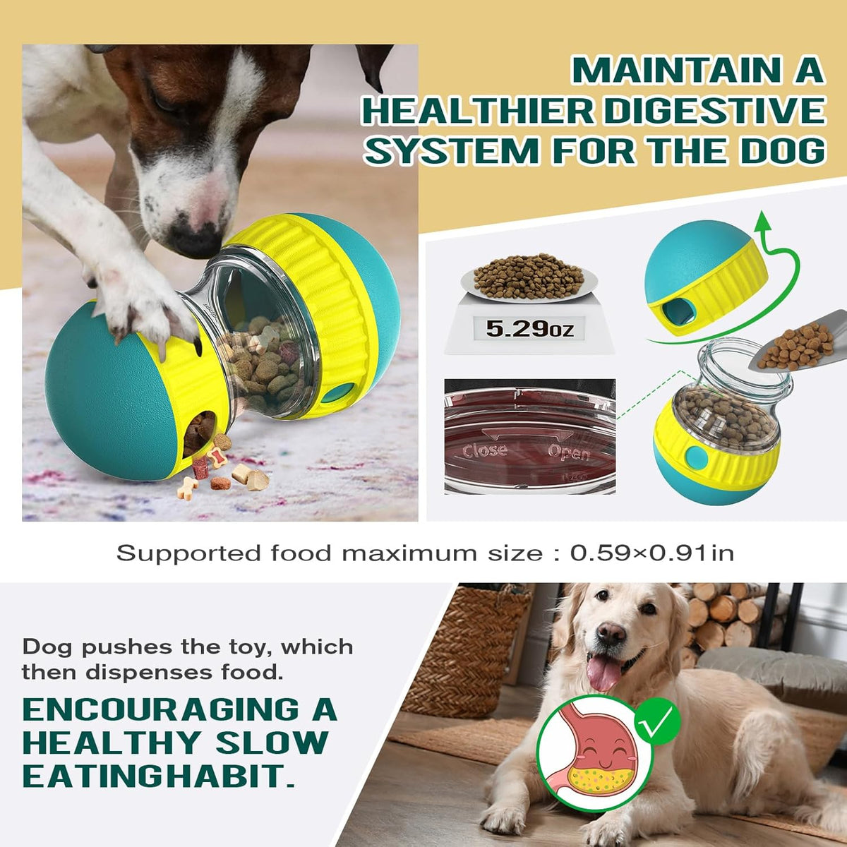 Dog Puzzle Toy Adjustable Treat Dispensing Ball Food Dispenser Tough Slow Feeder Puppy Enrichment Training Toy Pet Interactive Chase Toys for Small Medium Large Dogs to Keep Them Busy, Green