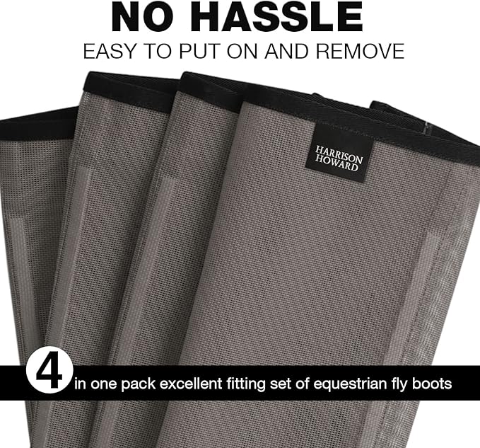Harrison Howard Loose Fitting Fly Boots UV-Protective Extra Tough Mesh Ventilated Four Fasteners Stay-on Design Protect Horse Legs & Stomp-Reducing Set of 4 Dark Grey Large