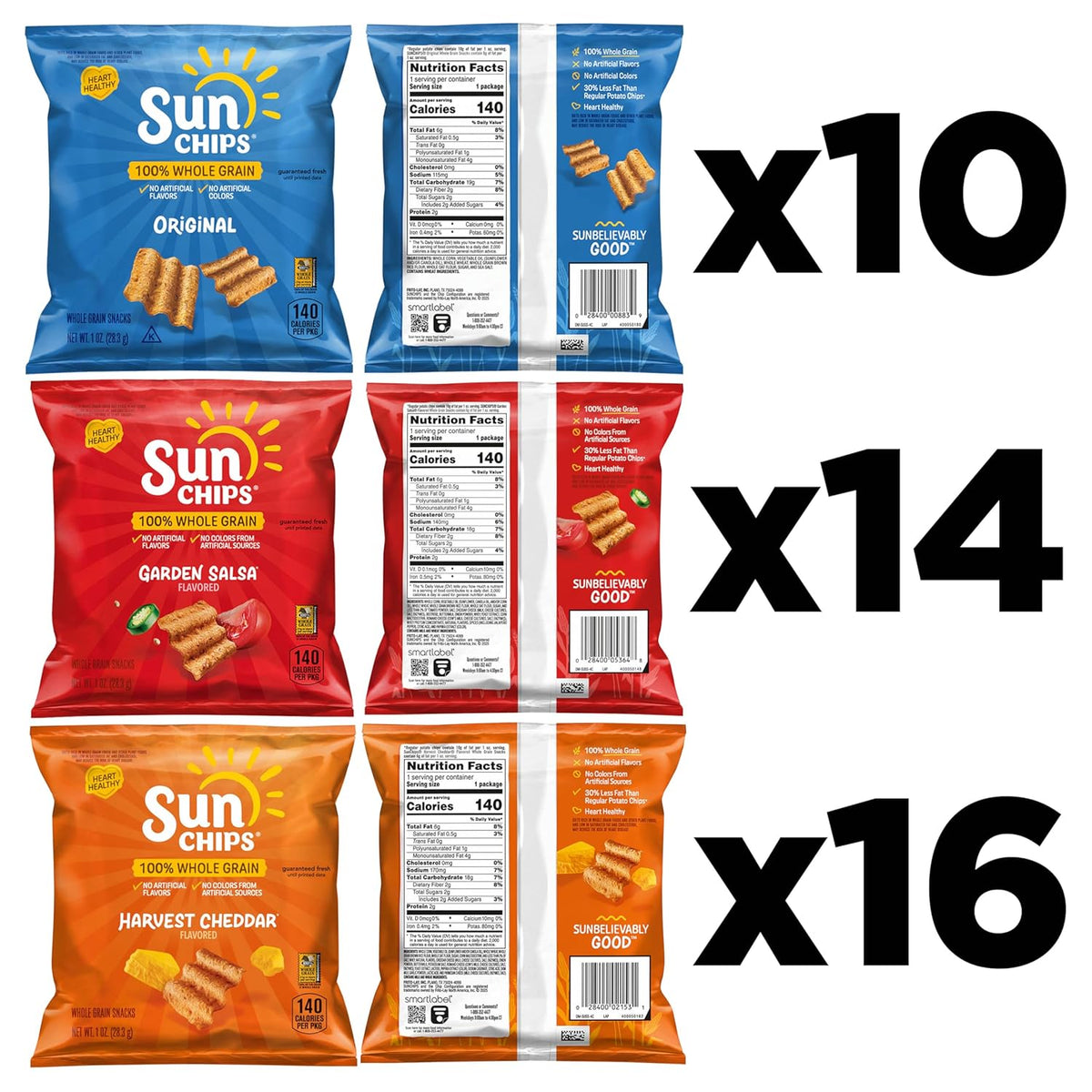 SunChips 100% Whole Grain Chips, Variety Pack, 1 oz Bags, Pack of 40, No Artificial Flavors, No Colors from Artificial Sources