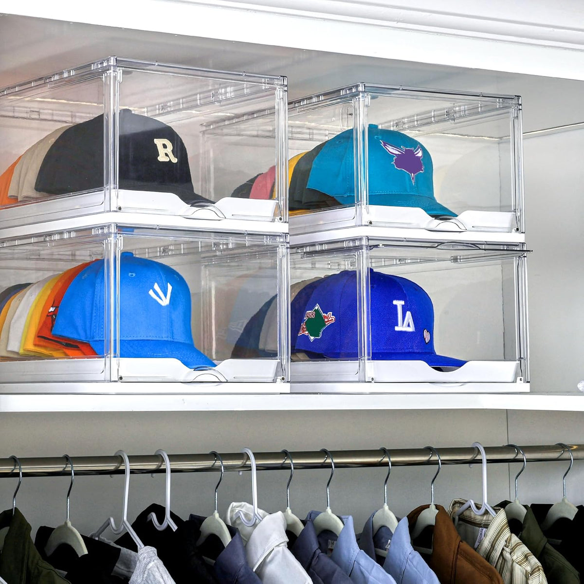Vtopmart 2 Pack Hat Organizer for Baseball Caps, Clear Hats Holder Box with Drawer, Large Cap Storage with Sliding Tray, Stackable Rack Display Case with Magnetic Door, Each Holds 12 Hats